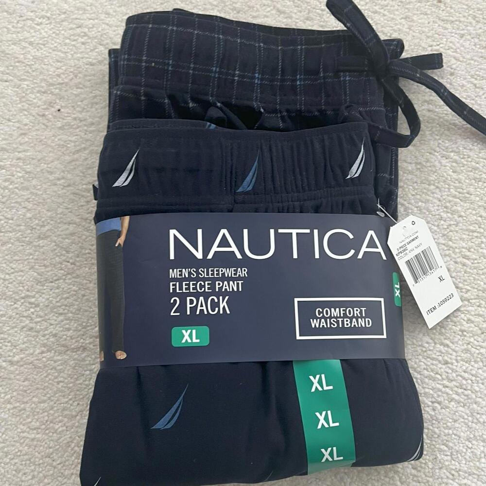 New Nautica Men's 2PK Fleece Pants XL Size 40-42  Blue Sail &Blue Plaid